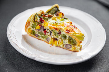 open pie quiche vegetable savory baked corn, green peas, beans, green beans, bell pepper healthy eating cooking appetizer meal food snack on the table copy space food background
