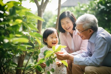 Obraz premium girl with her grandfather and mother in the garden looking at the plants