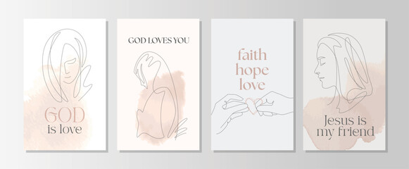 Religious inspirational card set or posters with biblical quotes and praying woman, Line Art Illustration. Blush pink - 689376834