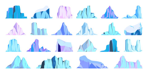 Fototapeta na wymiar Floating icebergs collection. Drifting arctic glacier, block of frozen ocean water. Icy mountains with snow. Melting ice peak. Antarctic snowy landscape. South and North Pole. Vector illustration.