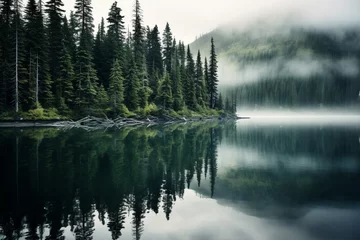 Papier Peint photo autocollant Forêt dans le brouillard A mist-shrouded lake surrounded by towering pine trees, the still water reflecting the surrounding greenery