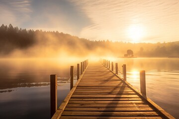 Fototapeta na wymiar A misty morning on a lakeside pier, with the sun breaking through the fog and casting a warm, golden glow on the calm water and wooden boards