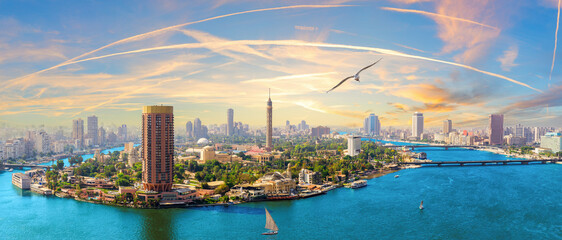 Wonderful aerial view of the Gezira island on the Nile river, great sky scenery of Cairo, Egypt
