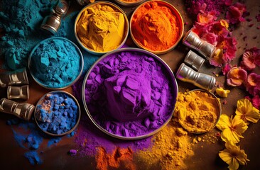 holi festival, top view of four bowls of blue, yellow, orange and purple powders ready for use