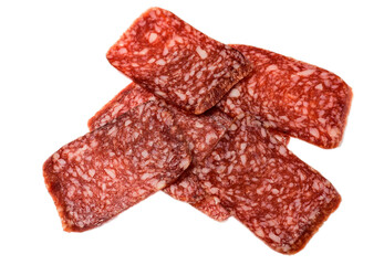 Thin sliced  sausage isolated on white background.