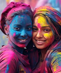 holi festival, portrait of two beautiful happy women of Hindu ethnicity full of colored powders