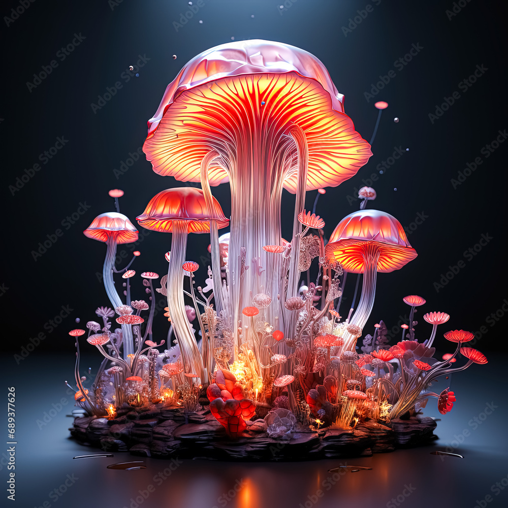 Poster illuminated vitality stock photo of mushrooms in neon light is a vibrant image that reflects the com