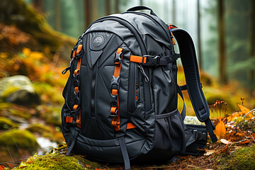 Trail essentials, Stock photo featuring a hiking backpack against a nature background a perfect image embodying the spirit of adventure and outdoor exploration.