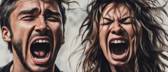 a man and a woman with myrtles wide open and eyes closed yelling at each other - obrazy, fototapety, plakaty