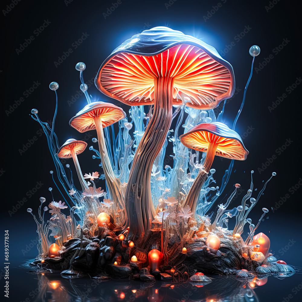 Poster illuminated vitality stock photo of mushrooms in neon light is a vibrant image that reflects the com