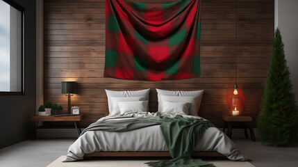 Green and red Christmas blanket against a log cabin wall bed - holiday design and decor - festive style - bedroom 