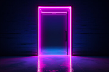 Neon frame in shape of doorCreative fluorescent ultraviolet color Nature concept. Wall texture dark background.