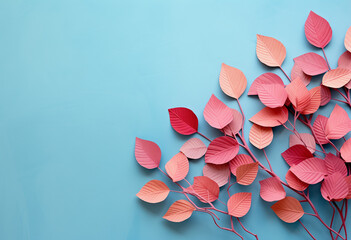 Pink leaves on a pastel teal blue background. Minimal autumn pattern flat lay.