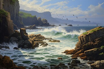 A rocky coastal inlet with cliffs rising from the sea, surrounded by crashing waves and the sound of seagulls in the salty air