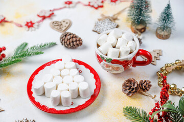 A cup of hot chocolate and marshmallow christmas concept.