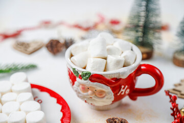 Fototapeta na wymiar A cup of hot chocolate and marshmallow christmas concept.