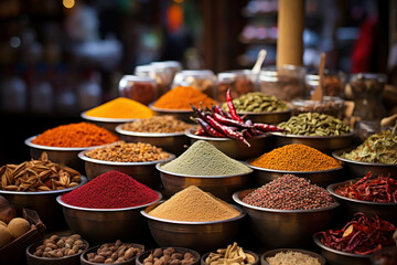 A bustling spice market with vibrant displays of aromatic spices, representing the rich culinary traditions across the continent. Concept of aromatic diversity. Generative Ai. - obrazy, fototapety, plakaty
