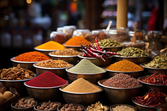 A bustling spice market with vibrant displays of aromatic spices, representing the rich culinary traditions across the continent. Concept of aromatic diversity. Generative Ai.