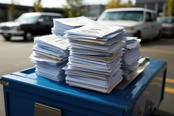 A stack of tax return envelopes on a postal worker's cart. Concept of tax season and filing deadlines. Generative Ai.
