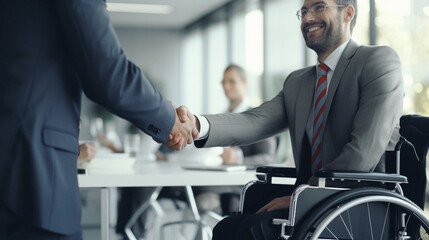 Businessman shaking hands with disabled business partner on wheel chair in office