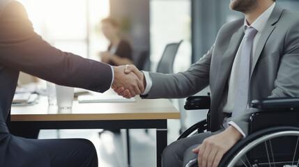 Businessman shaking hands with disabled business partner on wheel chair in office