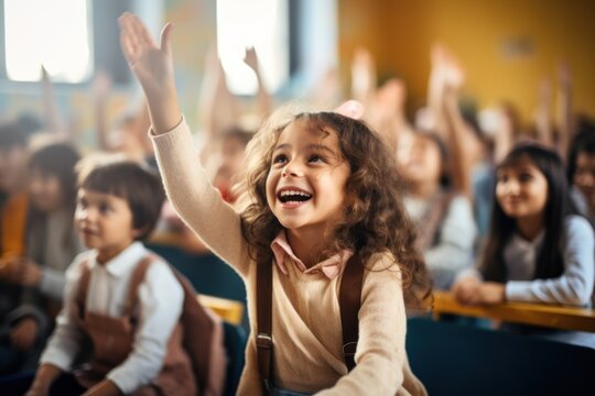 Education, Elementary School, Learning And People Concept. Group Of School Kids With Teacher Sitting In Classroom And Raising Hands