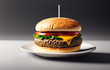 Appetizing hamburger with vegetables and meat and on black background