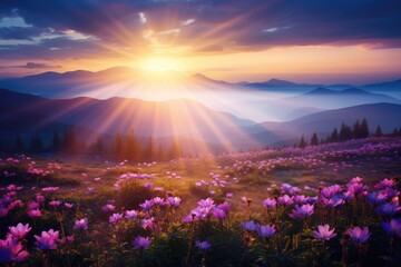 the sun is rising over hills of flowers