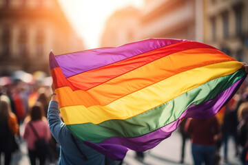 A rainbow flag waving in the wind at a pride parade. Concept of celebrating diversity and LGBTQ+ visibility. Generative Ai.