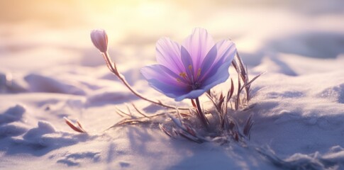the sun beams down on snow and a purple flower,