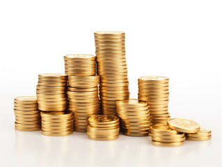 Stacks of gold coins on a white background. Financial sphere, money. Profit for the year. Banking. Trading exchanges, investments, trading. Rising prices, economy, currencies. Precious metals.