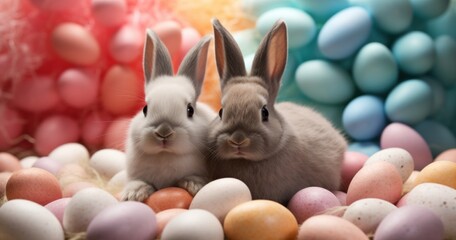 Fototapeta premium two rabbits sit in a pile of colored easter eggs,
