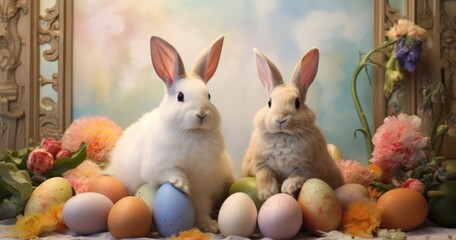 Fototapeta na wymiar two rabbits sit in a pile of colored easter eggs,