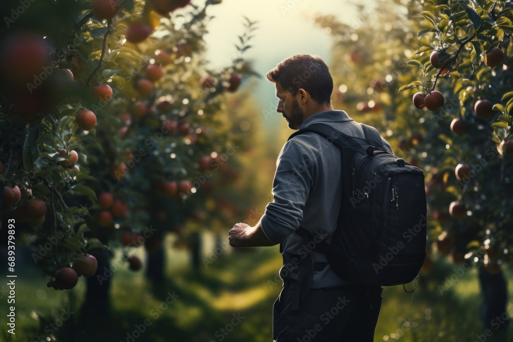 Canvas Prints a rural producer inspecting a healthy apple orchard, ready for harvest. concept of fruit farming and