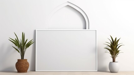 White frame with blank front, realistic on a mockup template in a white minimalist wall