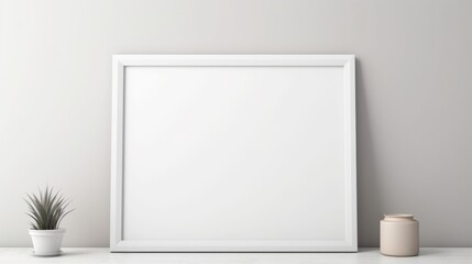 Fototapeta na wymiar White frame with blank front, realistic on a mockup template in a white minimalist wall