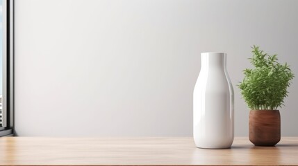 white milk bottle with blank front, realistic on a mockup template in a wooden table
