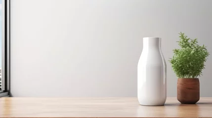 Deurstickers white milk bottle with blank front, realistic on a mockup template in a wooden table © olegganko