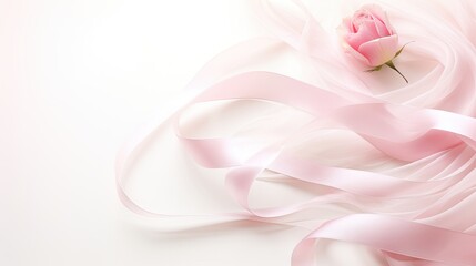 a pink ribbon and rose on a light background, conveying the concept of Breast Cancer Awareness Month through a minimalist, modern composition.