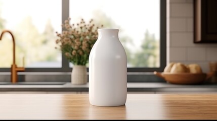 white milk bottle with blank front, realistic on a mockup template in a wooden table