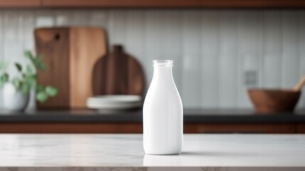 Fototapeta na wymiar white milk bottle with blank front, realistic on a mockup template in a wooden table