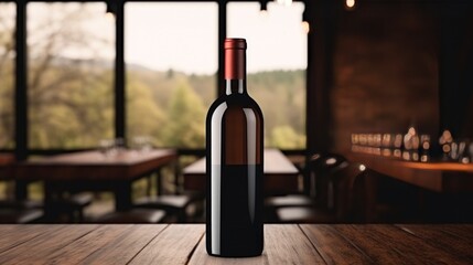 Wine bottle with blank front, realistic on a mockup template in a wooden table in restaurant