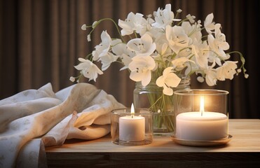 Fototapeta na wymiar with white flowers, candles and a candle in a wooden vase,