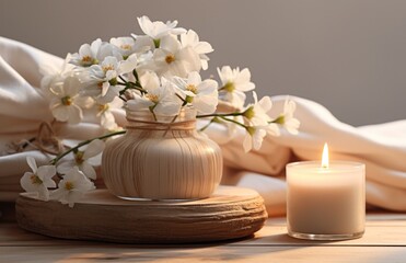 Fototapeta na wymiar with white flowers, candles and a candle in a wooden vase,