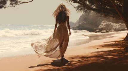 Fototapeta na wymiar woman walking along beach towards sea,