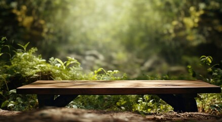 Naklejka premium wooden counter with grass in the background with sun and blue sky,