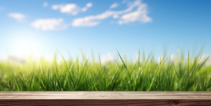 wooden counter with grass in the background with sun and blue sky,