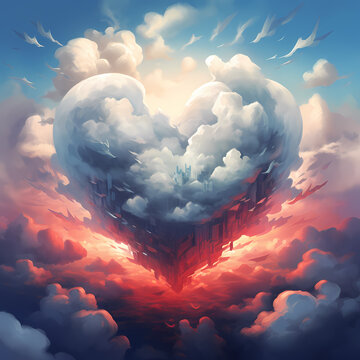 big heart from clouds,sunset or sunrise colors.generative ai image valentines love day, february 14th