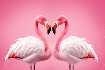 Flamingo couple making a heart shape on pink background, love, valentine's day