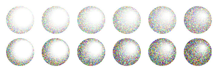 Round shaped dotted objects, vintage stipple elements. Fading gradient. Stippling, dotwork drawing, shading using dots. Colored disintegration effect. Noise grainy texture. Vector illustration
